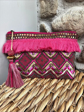 STEVEN Beaded Pink Fringe Clutch